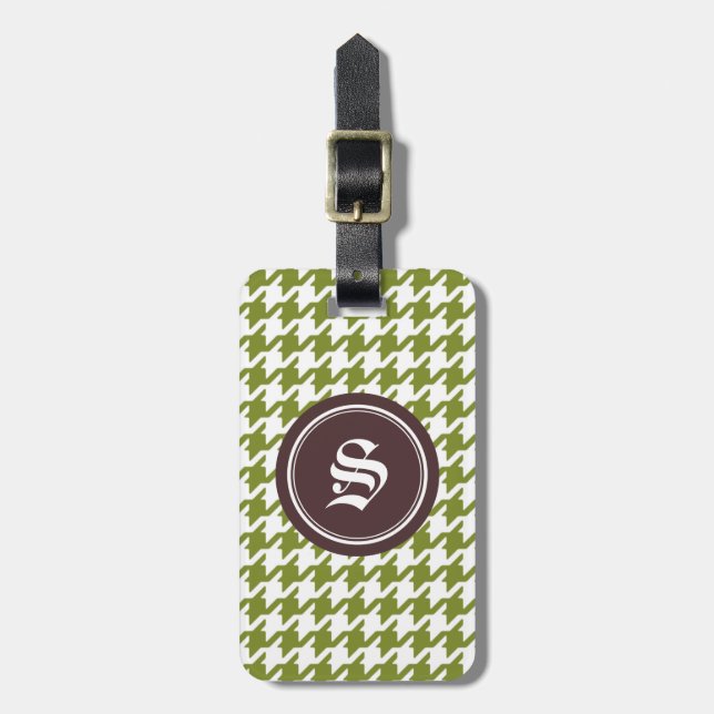 Trendy classic green houndstooth with monogram luggage tag (Front Vertical)