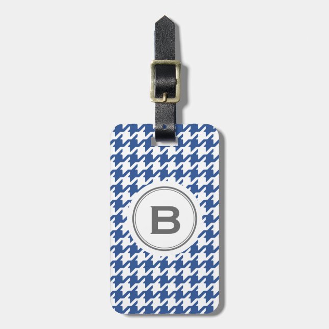 Trendy classic grey houndstooth with monogram luggage tag (Front Vertical)