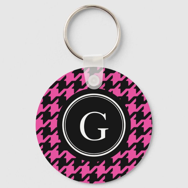 Trendy Classic pink houndstooth with monogram Key Ring (Front)