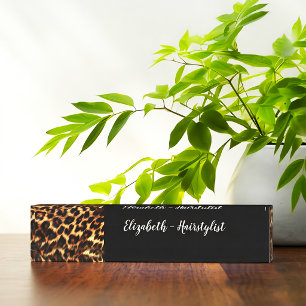 Trendy Classy Hairstylist Monogram Leopard Nameplate