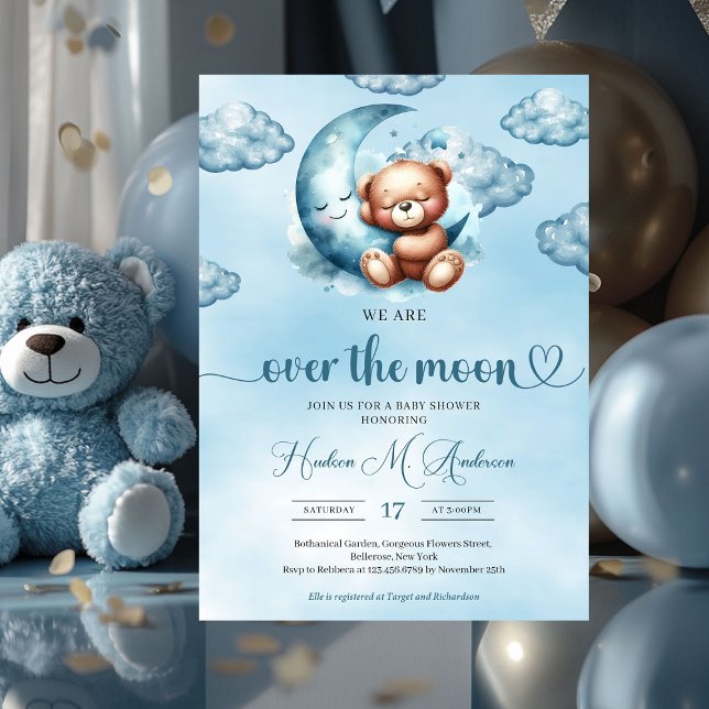 Trendy cloud nine teddy bear Boy Baby Shower Invitation (we are over the moon boy baby shower invitation)