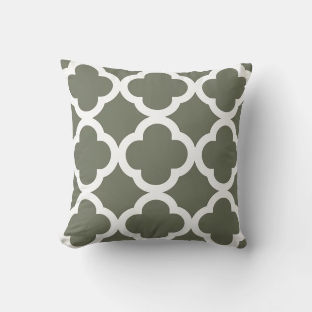 Trendy Clover Pattern in Olive Green and White Cushion (Front)