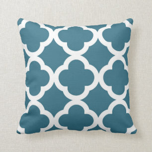 Trendy Clover Pattern in Teal Blue and White Cushion