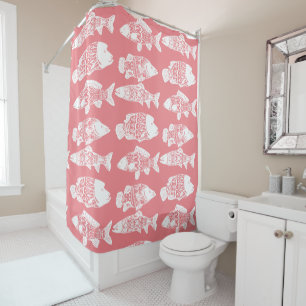 Trendy Coastal White Floral Fish Coral Pink Shower Curtain