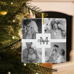Trendy Collage Family Photo Black & White Initial Ceramic Ornament<br><div class="desc">Introducing our Trendy Collage Five Family Photo Black & White with Initial in Centre . This personalised and stylish collage is the perfect way to showcase your family's cherished memories in a modern and elegant way. Featuring a sleek black and white colour scheme, this collage allows you to highlight four...</div>