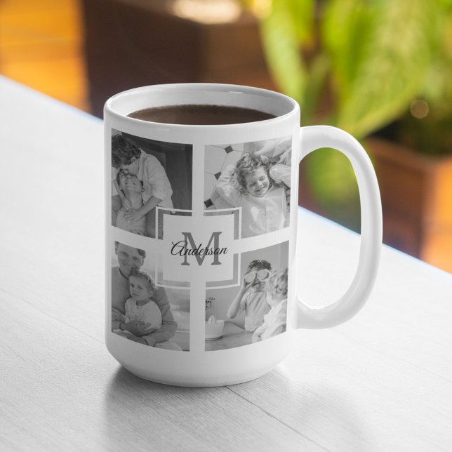 Trendy Collage Family Photo Black & White Initial Coffee Mug (Creator Uploaded)