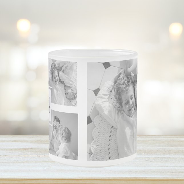 Trendy Collage Family Photo Black & White Initial Frosted Glass Coffee Mug (Creator Uploaded)