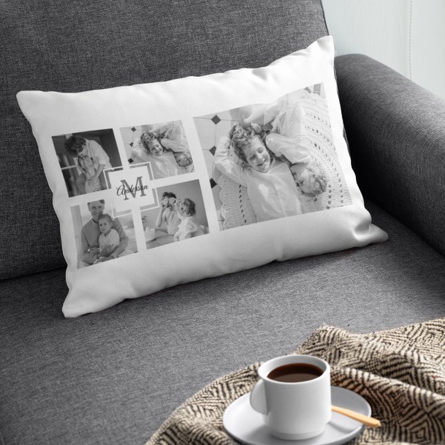 Trendy Collage Family Photo Black & White Initial Lumbar Cushion (Creator Uploaded)