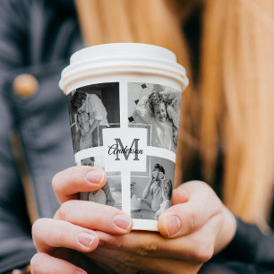 Trendy Collage Family Photo Black & White Initial Paper Cups