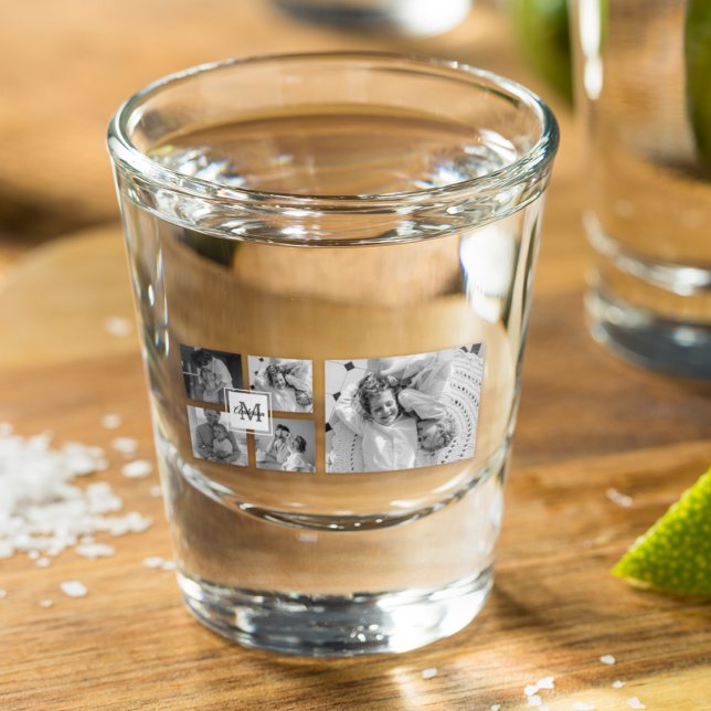Trendy Collage Family Photo Black & White Initial Shot Glass (Creator Uploaded)