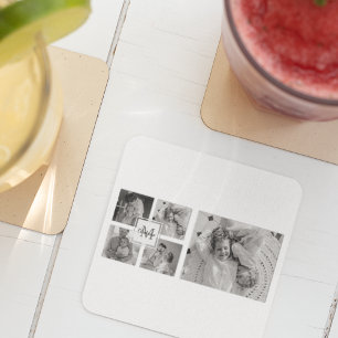 Trendy Collage Family Photo Black & White Initial Square Paper Coaster