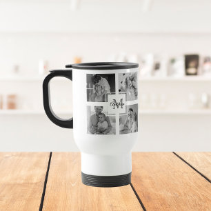 Trendy Collage Family Photo Black & White Initial Travel Mug