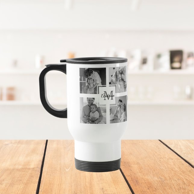 Trendy Collage Family Photo Black & White Initial Travel Mug (Creator Uploaded)