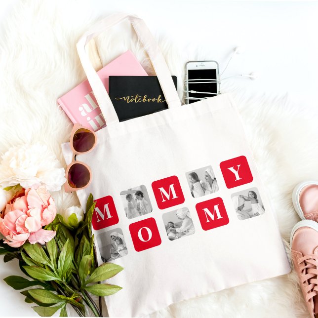 Trendy Collage Photo & Red Best Mommy Gift Tote Bag (Creator Uploaded)