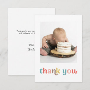 Trendy Colourful 1st birthday Custom photo Thank You Card