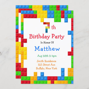 Trendy Colourful Building Blocks 7th Birthday Part Invitation