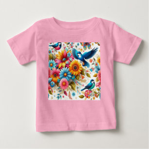 Trendy Colourful Butterflies Birds Flowers Pink Baby T-Shirt