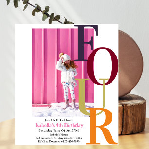 Trendy Colourful Girl Four Birthday  Photo  Invitation