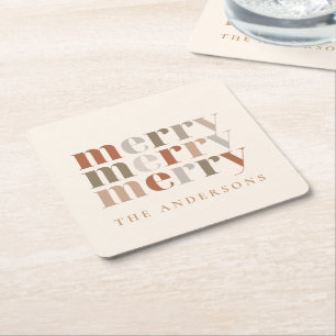 Trendy Colourful Merry  Custom Name Christmas Part Square Paper Coaster