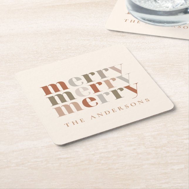 Trendy Colourful Merry  Custom Name Christmas Part Square Paper Coaster (Angled)