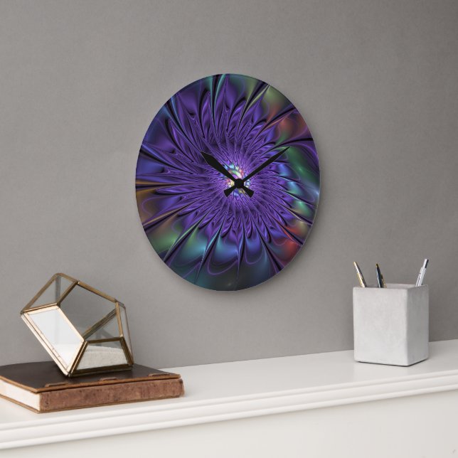 Trendy Colourful Modern Abstract Fractal Flower Large Clock (Office)