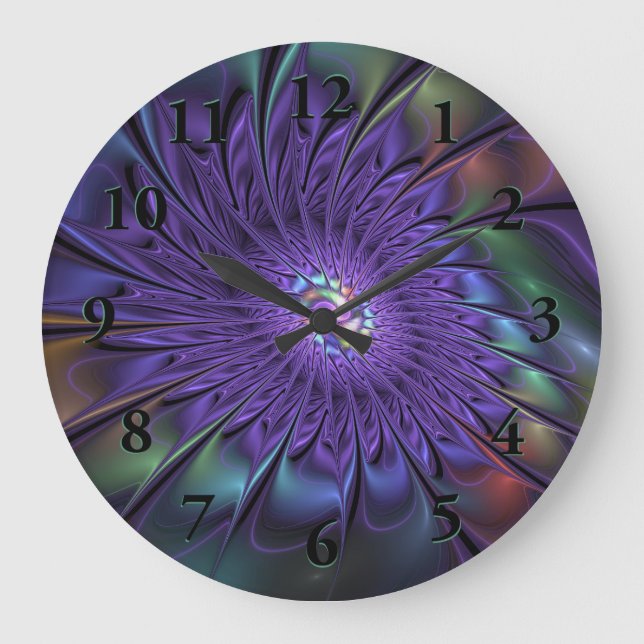 Trendy Colourful Modern Abstract Fractal Flower Large Clock (Front)