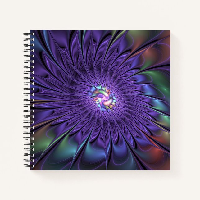 Trendy Colourful Modern Abstract Fractal Flower Notebook (Front)
