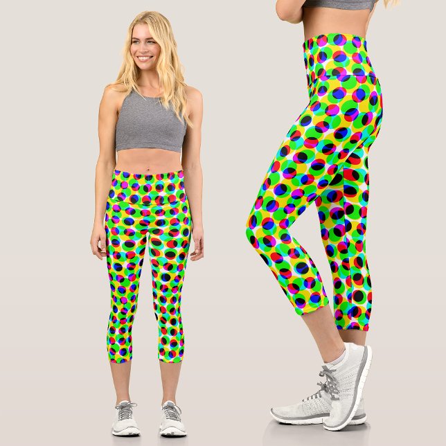 Trendy Colourful Neon Circles Dot Pixelated Patter Capri Leggings (Creator Uploaded)
