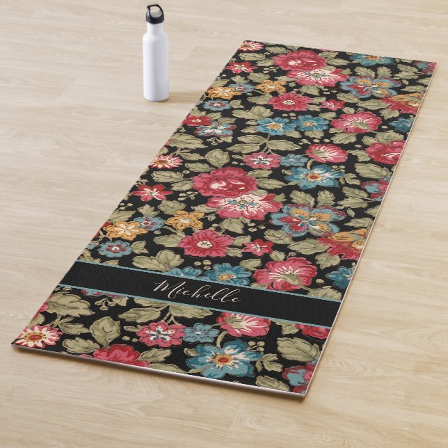 Trendy Colourful Personalised Boho Floral-Black BG Yoga Mat (In Situ)