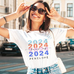 Trendy Colourful Rainbow Class 2023 Modern Graduat T-Shirt<br><div class="desc">Modern and stylish grad class of 2023 t-shirt. Design features "2023" repeating design in colourful rainbow colours. Personalise with graduate year and grad's name. A fun gift for the grad. Design by Moodthology Papery.</div>