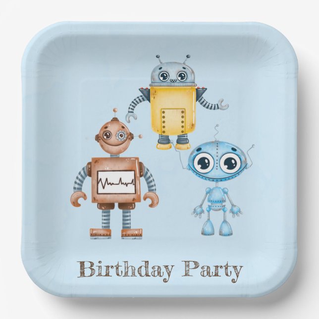 Trendy Colourful Robots Boy Birthday Party Paper Plate (Front)