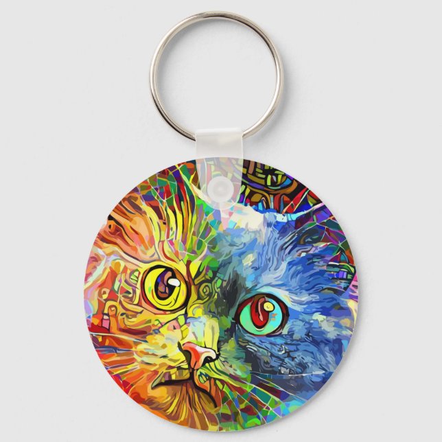Trendy Colourful Tabby Cat Keychain (Front)