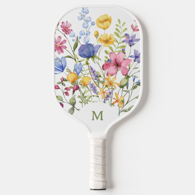 Trendy Colourful Wildflowers with Monogram Pickleball Paddle (Front)
