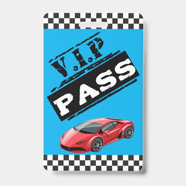 Trendy Cool Blue Race Car Birthday VIP Passes ID Badge (Front)