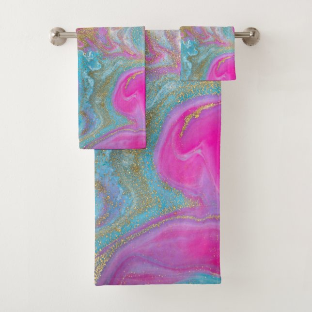 Trendy Cool Colourful Gold Marble Pattern Bath Towel Set (Insitu)