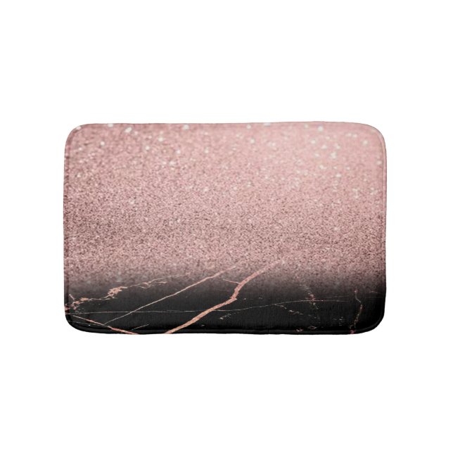 Trendy Cool Marble Stone, Rose Gold Glitter Bath Mat (Front)