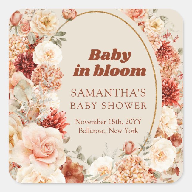 Trendy copper hydrangea and roses autumn Baby Show Square Sticker (Front)