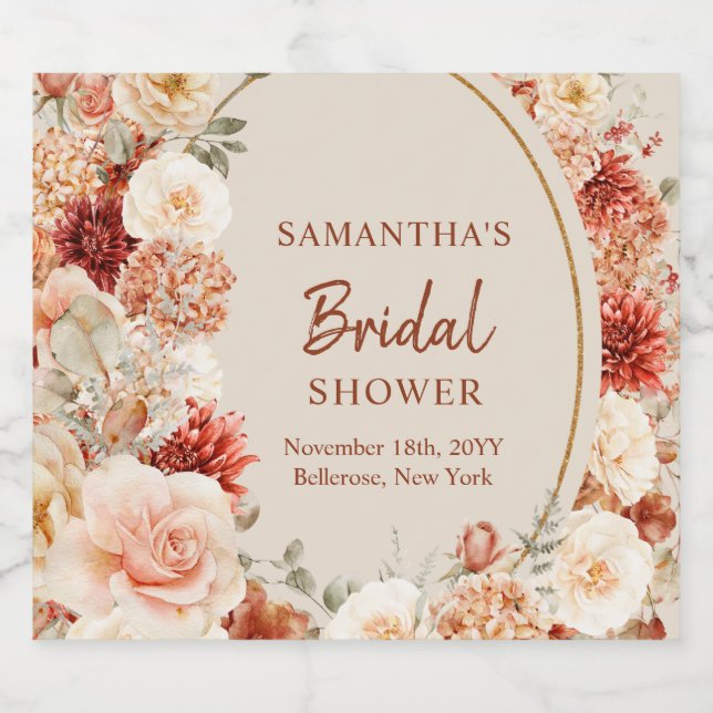 Trendy copper hydrangea and roses autumn  liquor bottle label (Single Label)