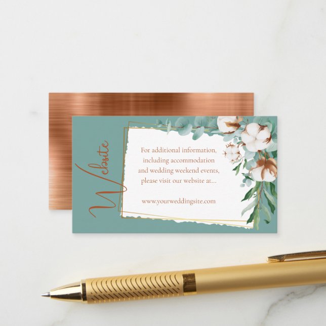 Trendy Copper Metallic Foil Teal Wedding Website Enclosure Card (Front/Back In Situ)