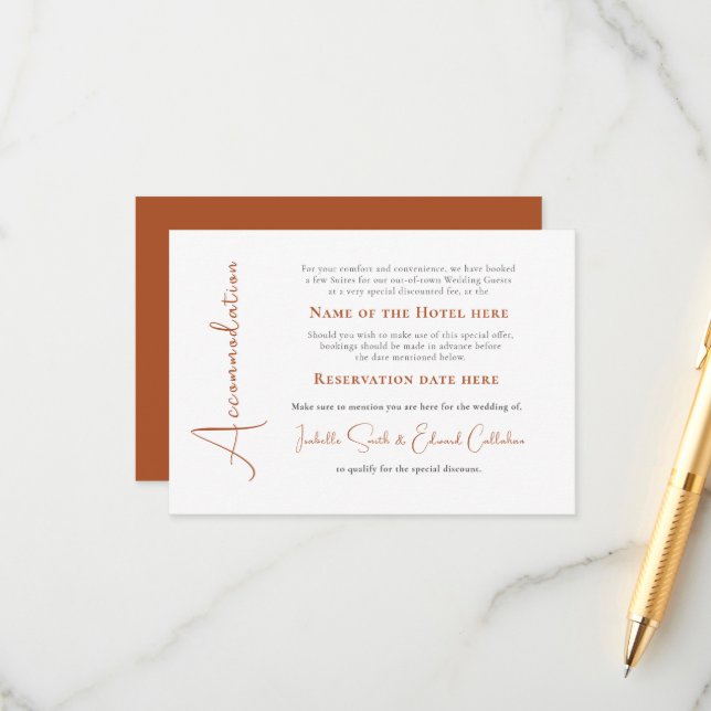 Trendy Copper Text Wedding Accommodation Enclosure Card (Front/Back In Situ)