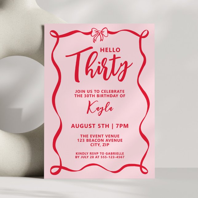Trendy Coquette Red Bow Hello Thirty 30th Invitation (Creator Uploaded)