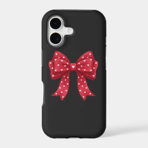 Trendy Coquette Red Ribbon Bow with White Hearts