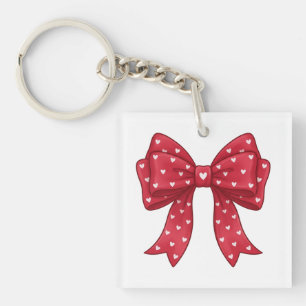 Trendy Coquette Red Ribbon Bow with White Hearts Key Ring