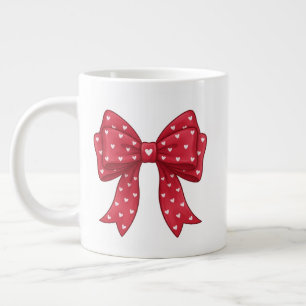 Trendy Coquette Red Ribbon Bow with White Hearts Large Coffee Mug