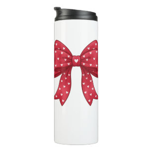 Trendy Coquette Red Ribbon Bow with White Hearts Thermal Tumbler