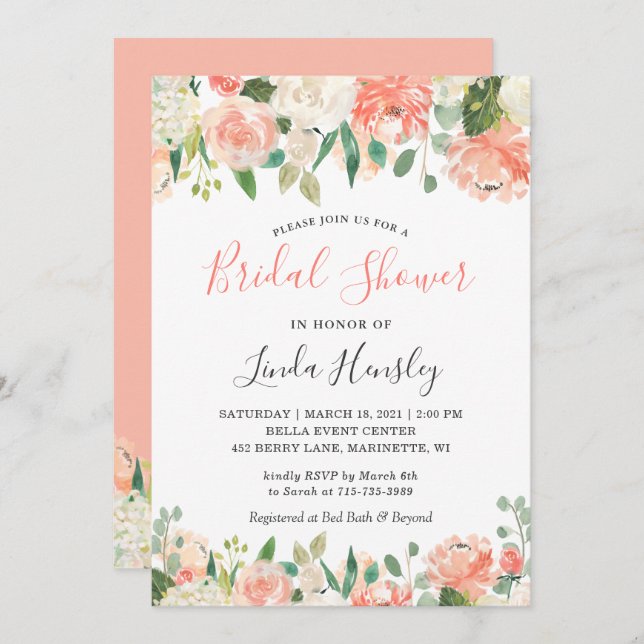 Trendy Coral and Peach Floral Bridal Shower Invitation (Front/Back)