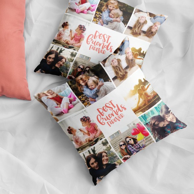 Trendy Coral Best Friends Forever Photo Collage Cushion (Creator Uploaded)