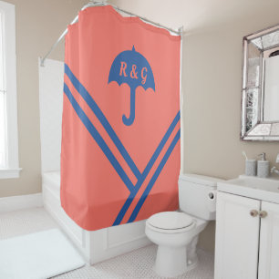 Trendy Coral Blue Stripes Umbrella Initials Shower Curtain