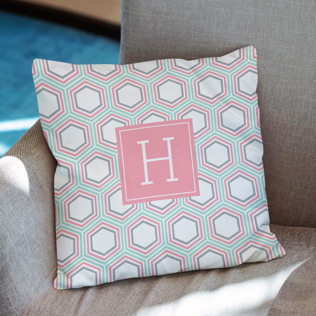 Trendy Coral Honeycomb Pattern Monogram Cushion (Creator Uploaded)