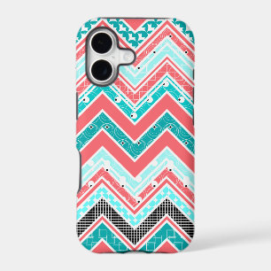 Trendy Coral, Mint, White and black Chevron